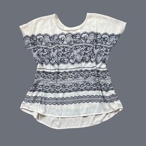 Under Skies Lace Look Flowy Navy Blue and Ivory Blouse Size M